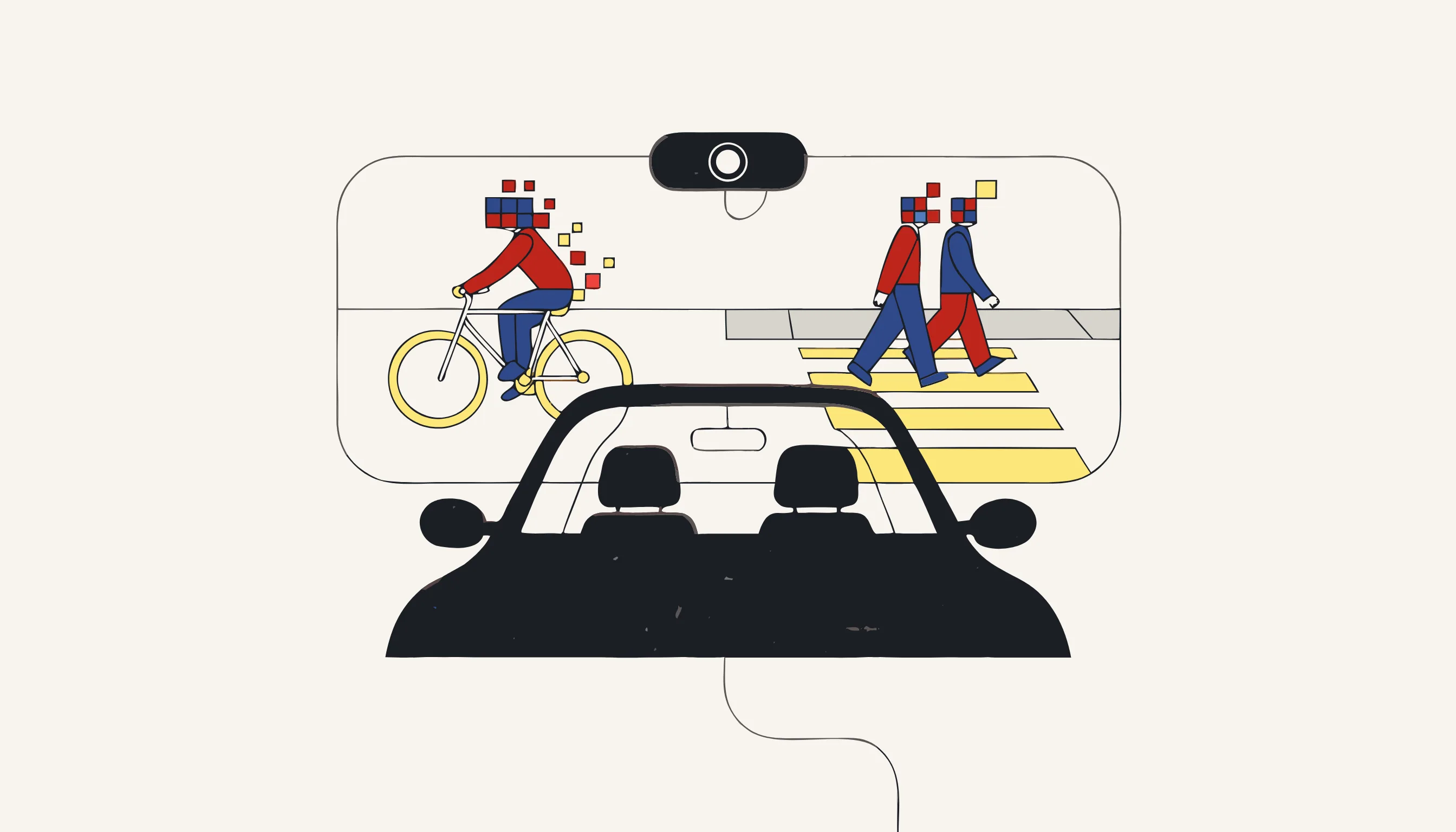 Vista dalla dashcam attraverso il parabrezza con auto, ciclista e pedoni che attraversano, tutti pixelati.