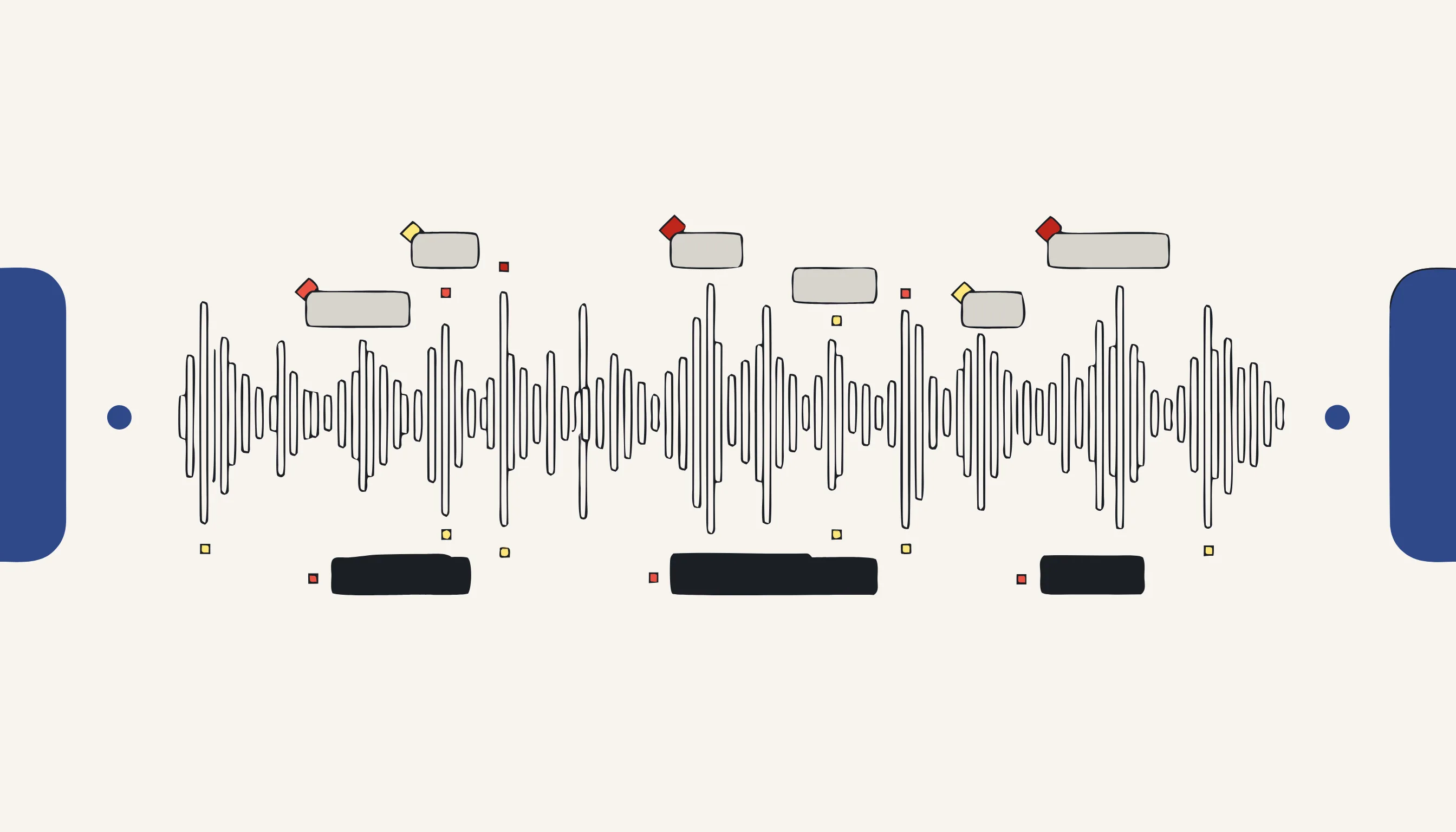 Forma de onda de audio con etiquetas de palabras transcritas y varios tramos convertidos en bloques negros.