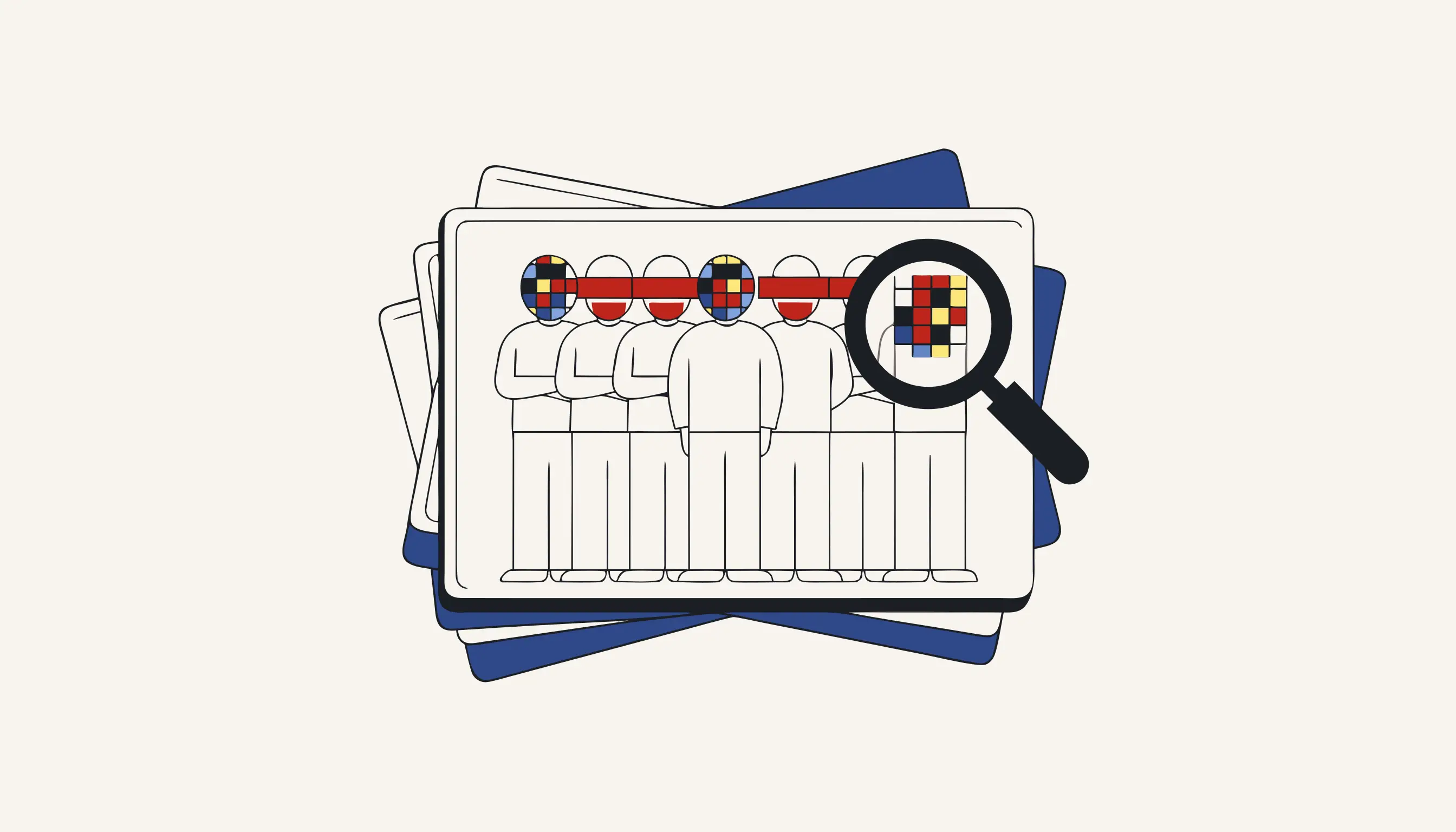 Fanned stack of printed photos with mosaic-blurred faces and a magnifying loupe revealing pixels.