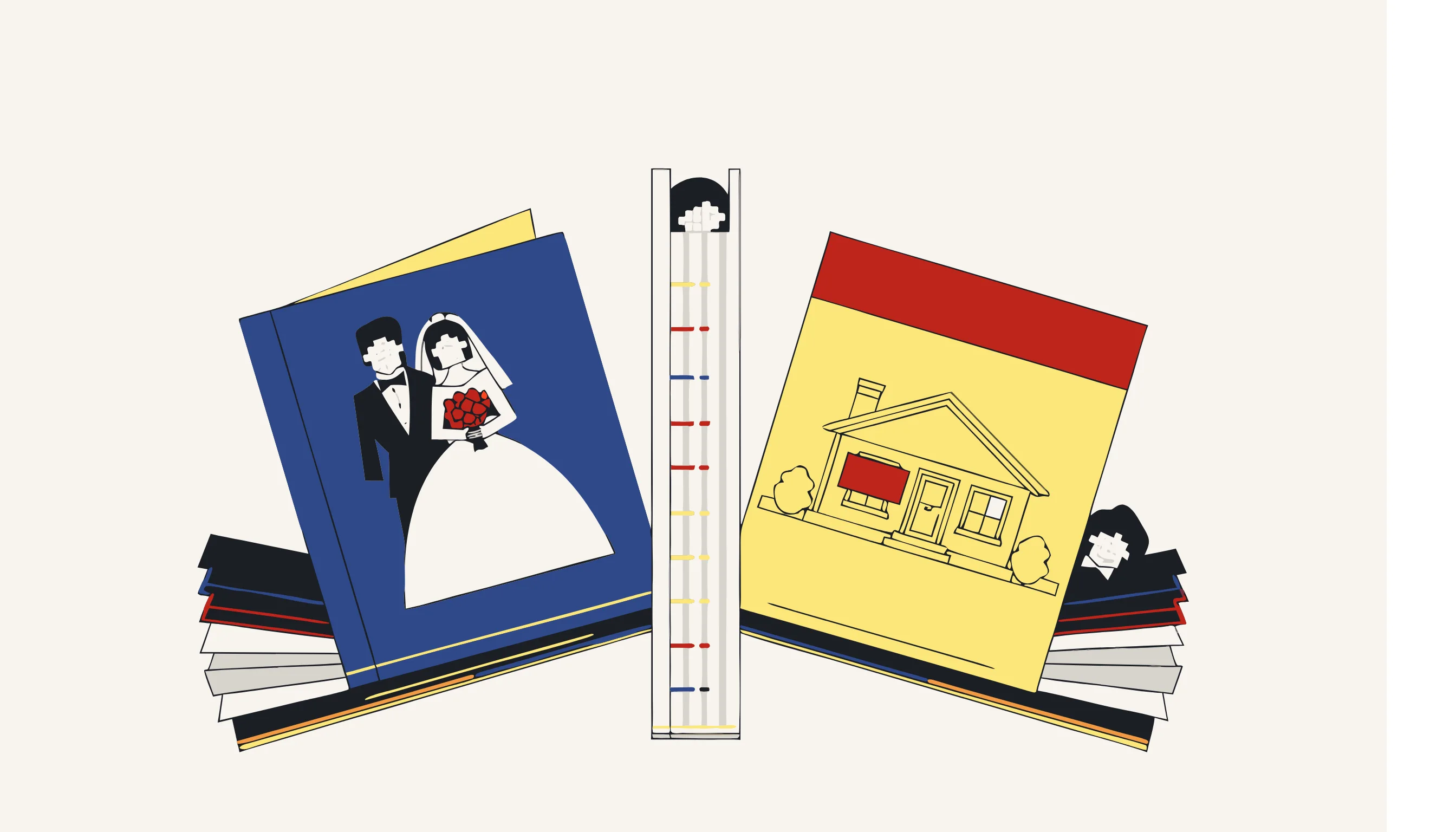 A wedding album, a school yearbook, and a real estate listing, each showing a small pixelated face.