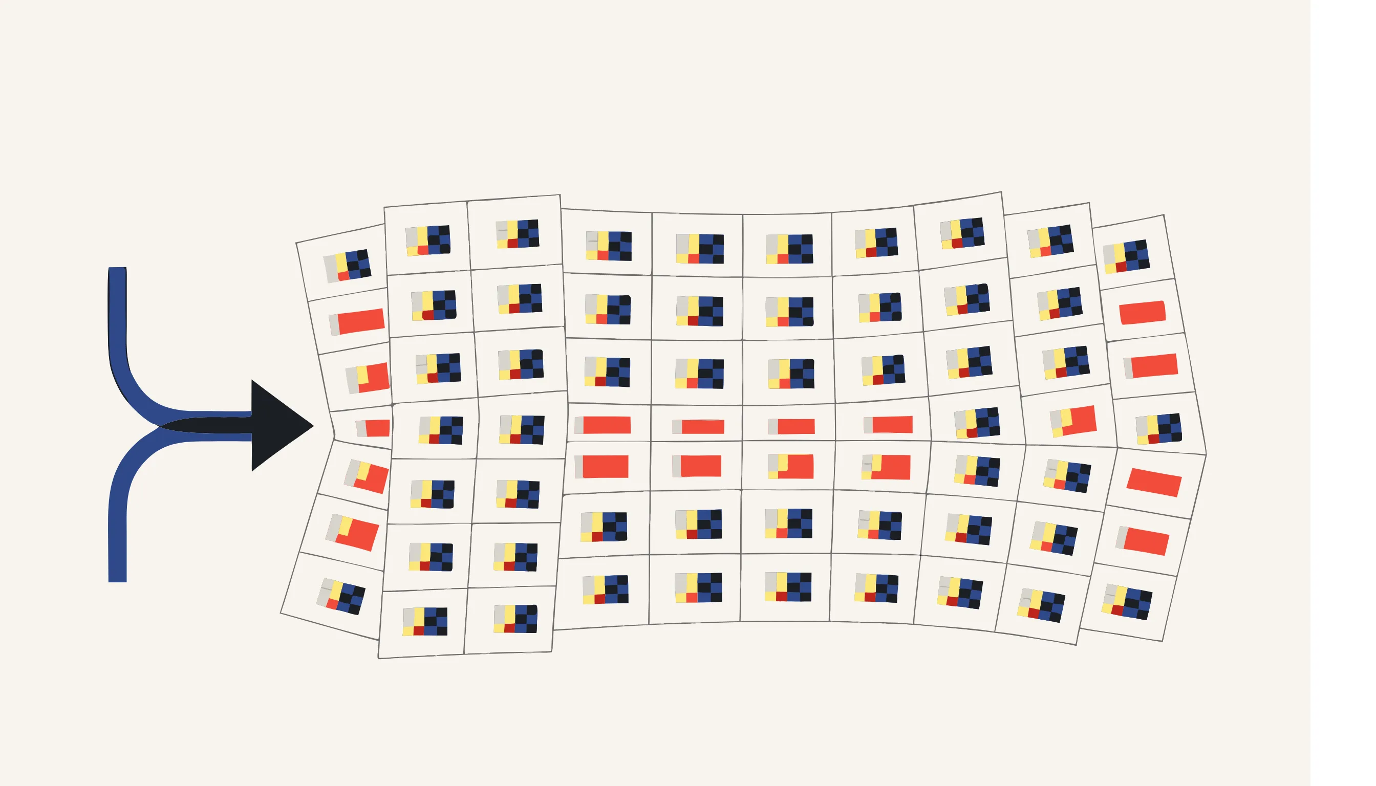 A photographer's contact sheet with dozens of thumbnails, each showing a pixelated face, fed by one upload arrow.