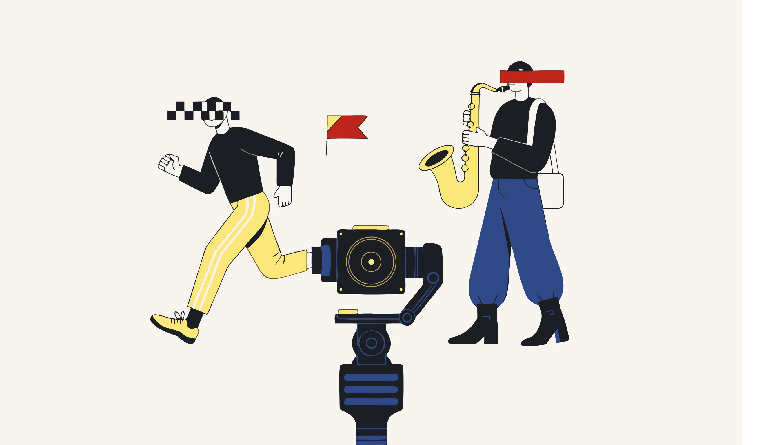 Eine Handkamera filmt eine belebte Straße, auf der Jogger und Straßenmusiker pixelierte Gesichter und ein Meldeflag zeigen.