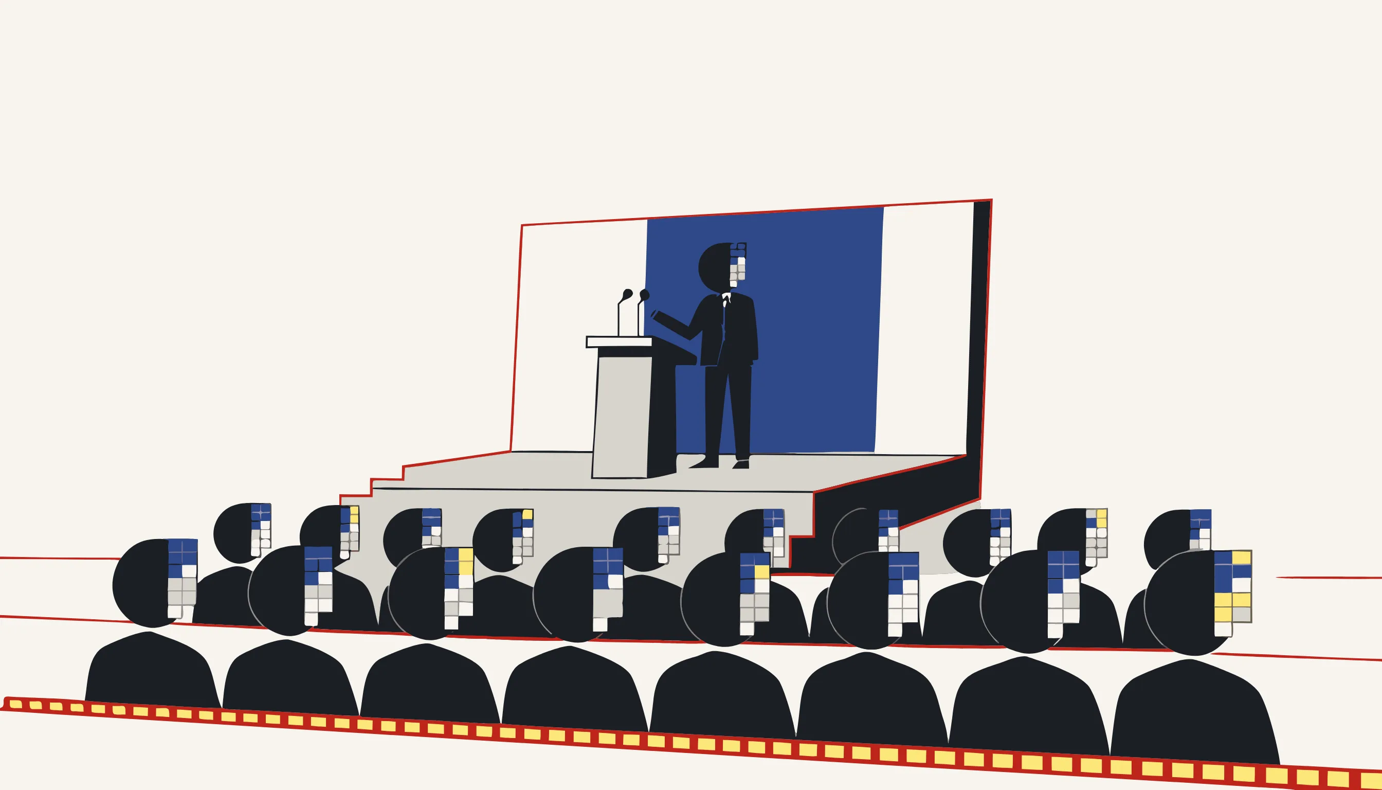 Ein Town-Hall-Auditorium von hinten gesehen, bei dem die Gesichter aller Sitzenden und des Redners pixeliert sind.