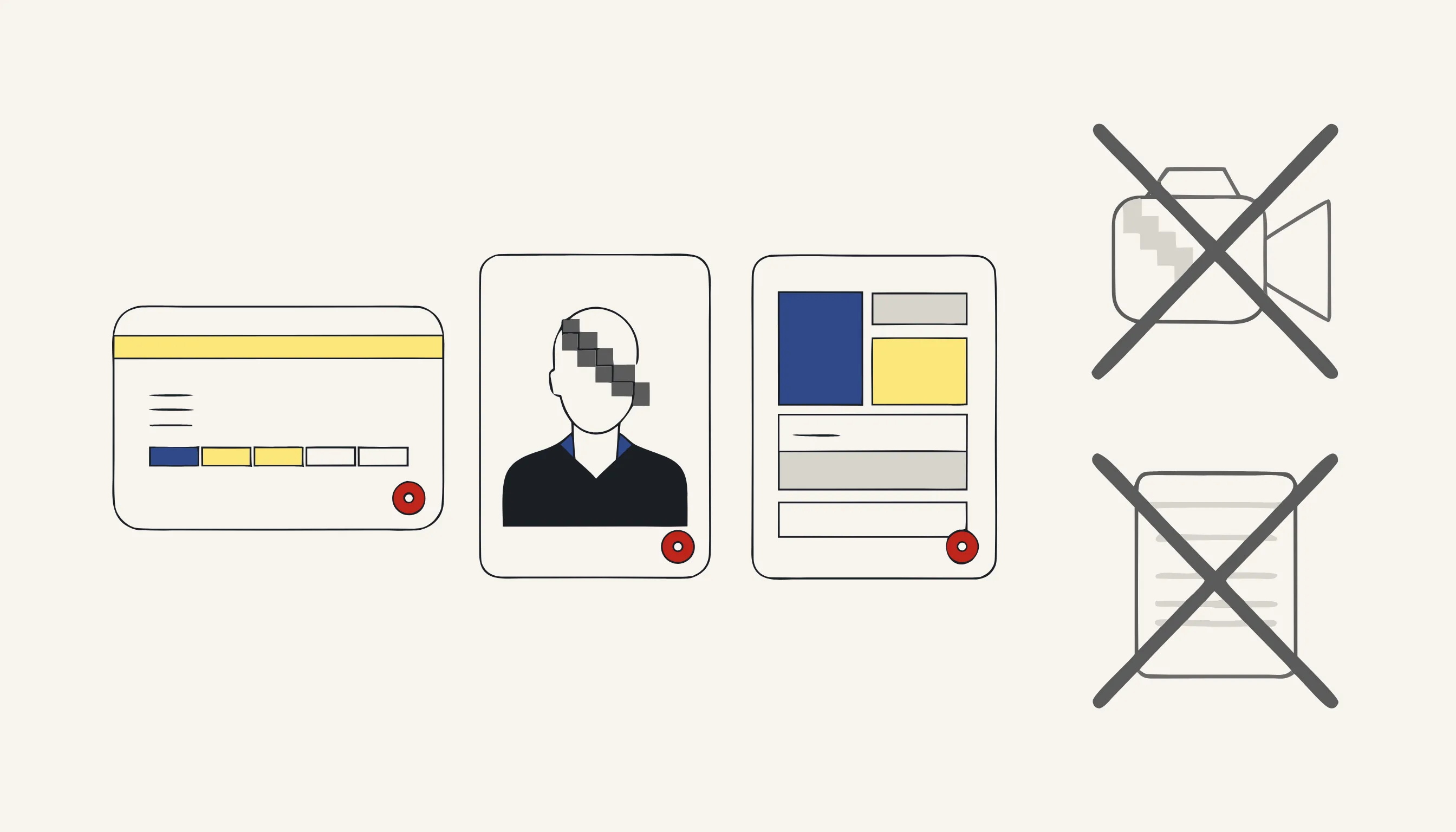 Una carta di pagamento, una carta d'identità e un documento IBAN con sigilli rossi, accanto a icone di videocamera e documento sbarrate.