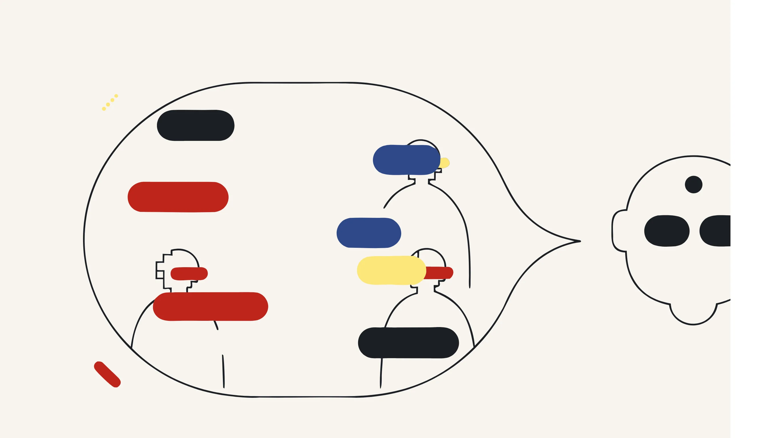 A chat bubble with several text fragments replaced by placeholder tags, flowing toward a friendly robot icon.