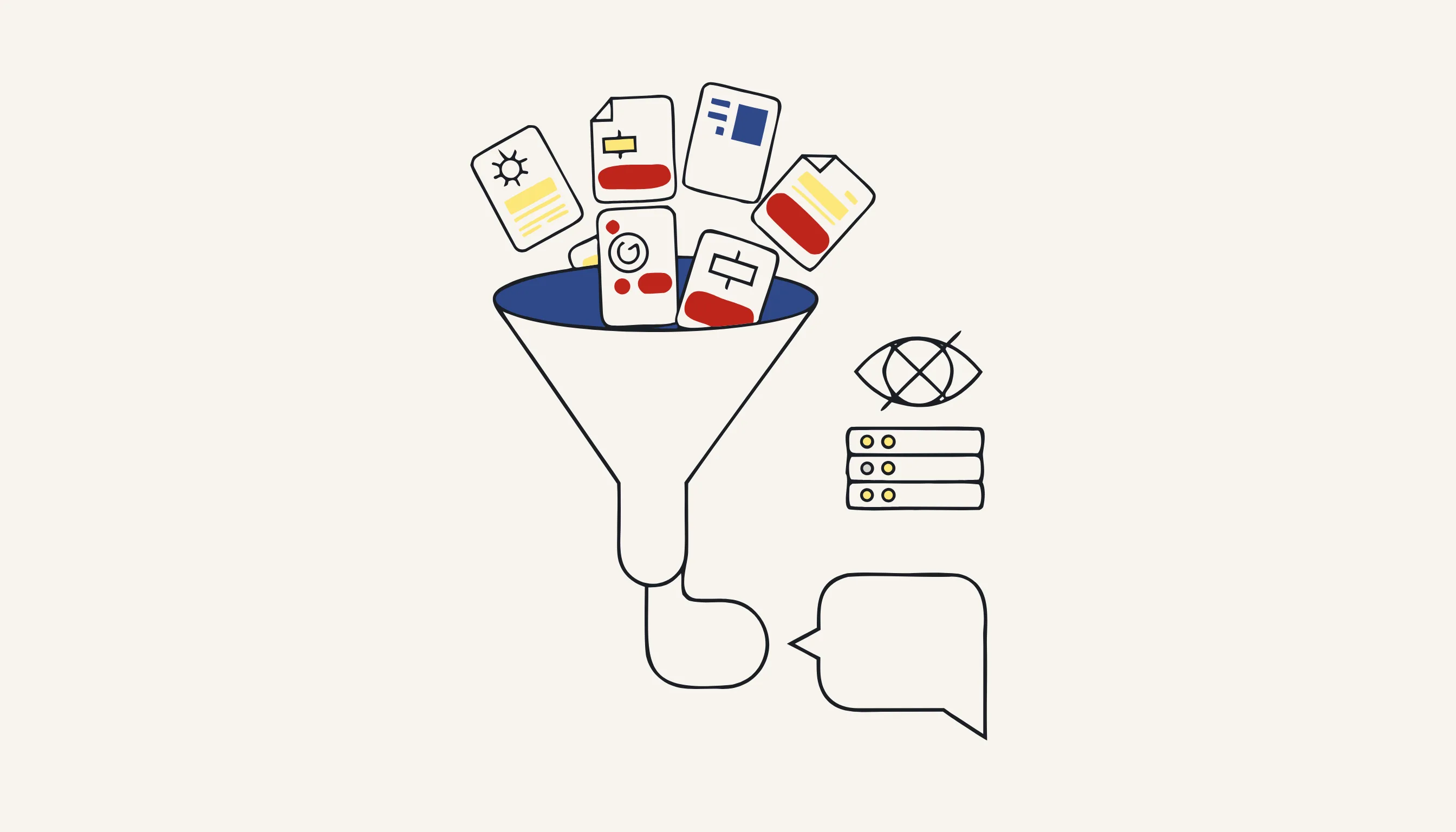 A funnel takes in ID cards and documents at the top and releases one plain shape into a chat bubble.