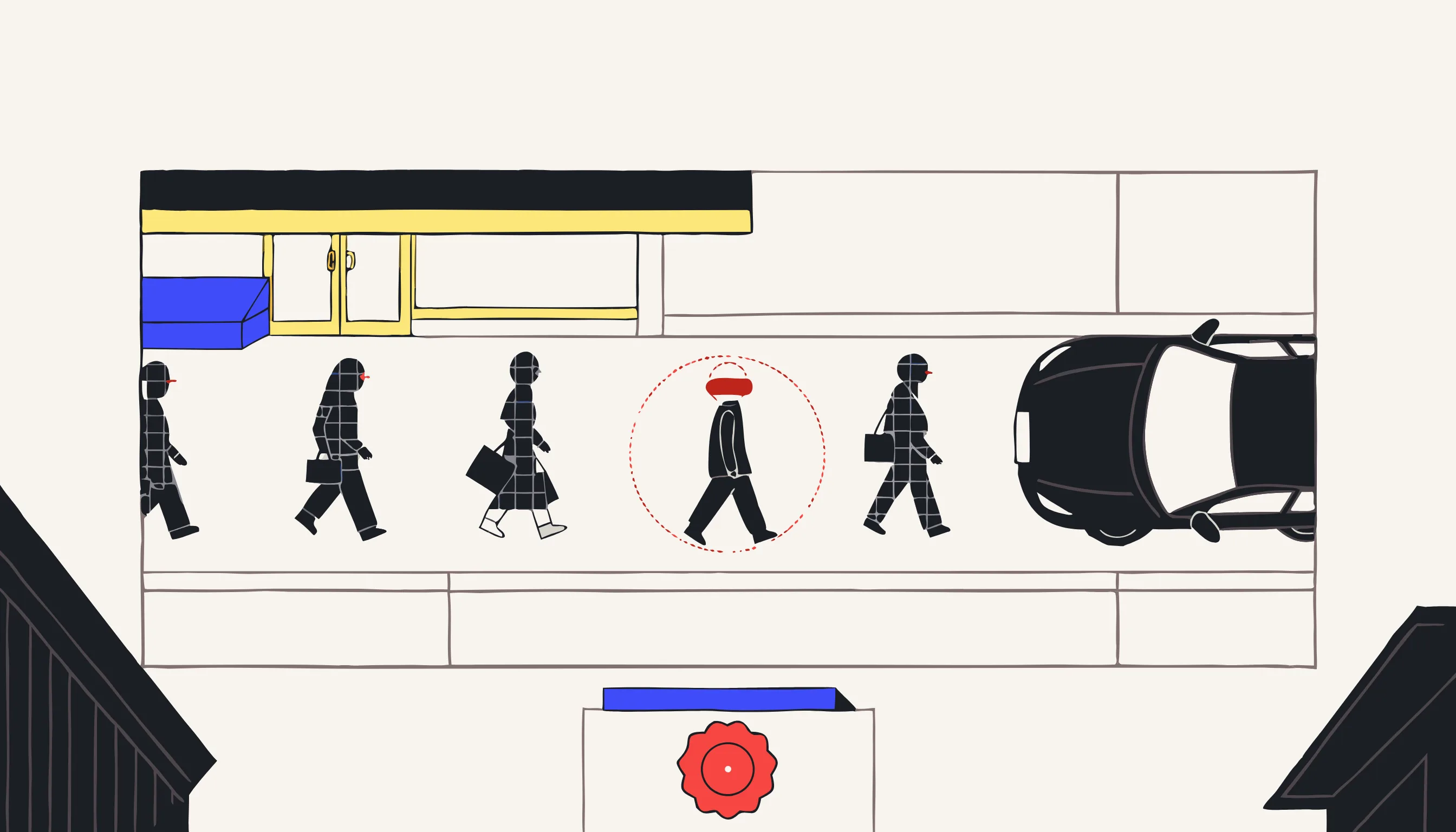 Overhead CCTV view of pedestrians mosaicked, one subject circled, and a blurred license plate
