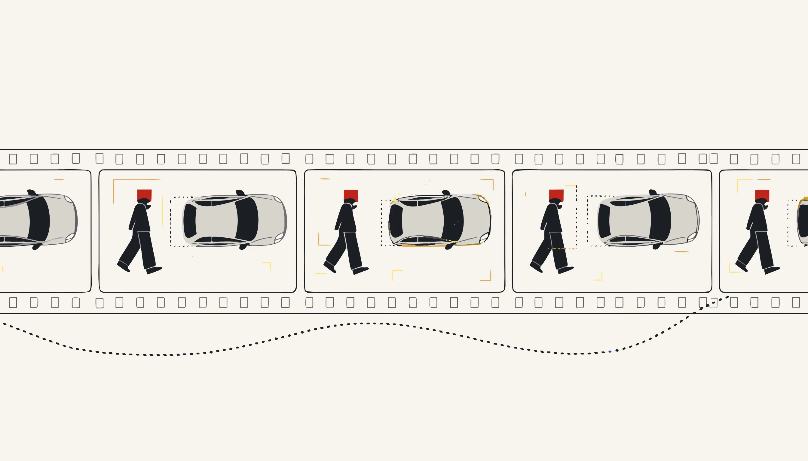 Filmstrip of CCTV frames showing a walking figure and a plate marked with dotted boxes