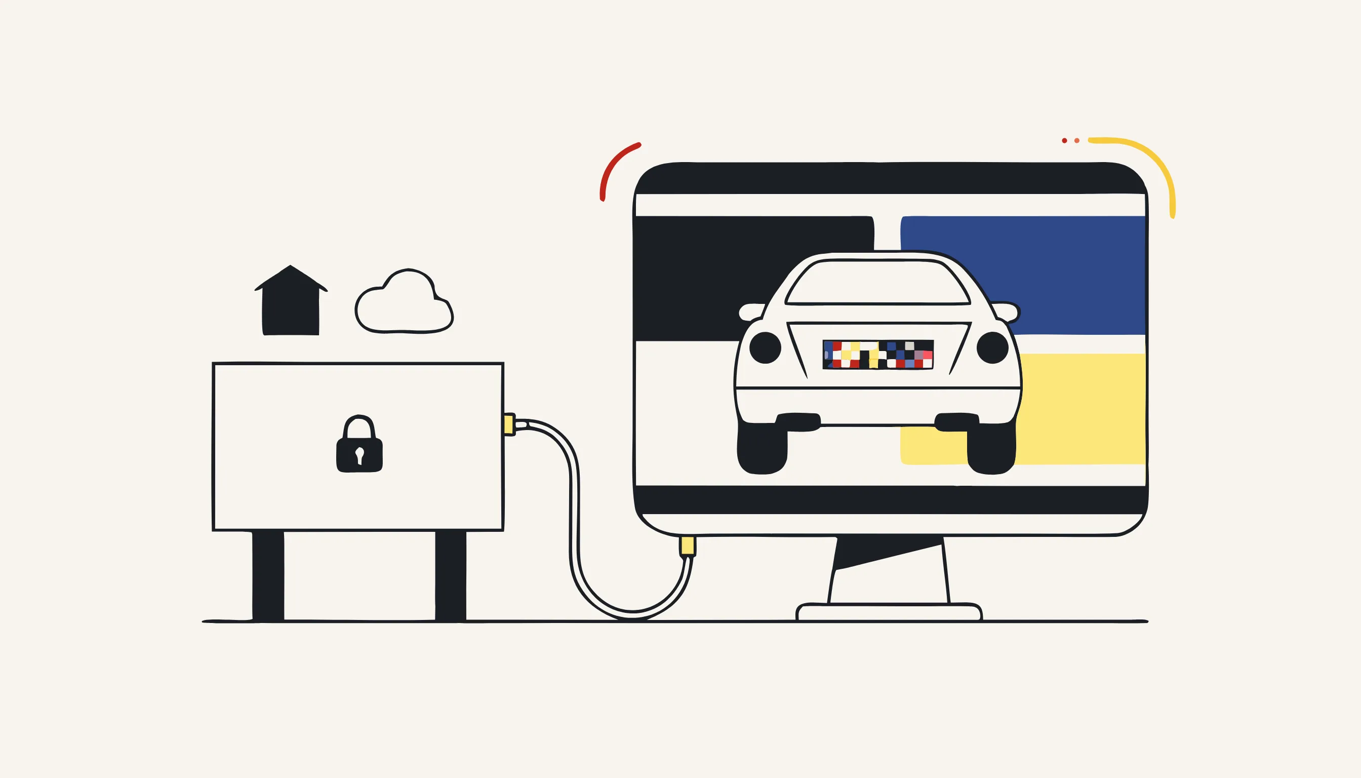 A server rack with a padlock connects to a monitor showing a car's license plate covered in pixel mosaic.
