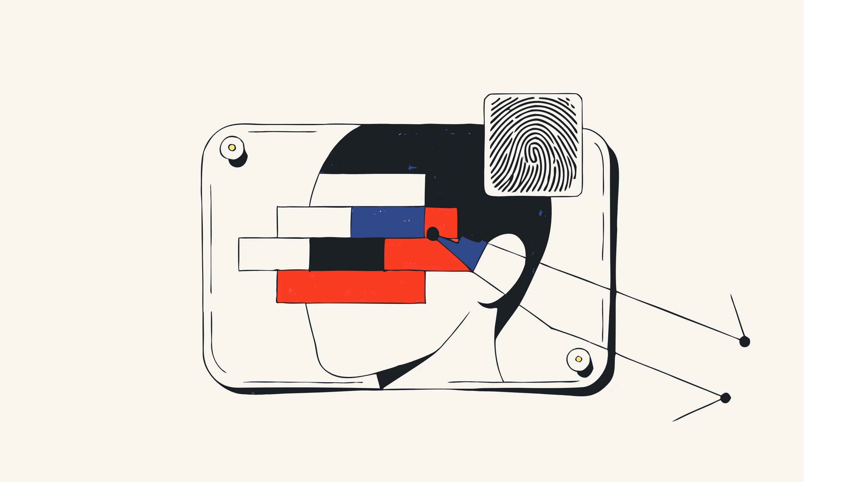 A pinned photo with a mosaicked face marked by a fingerprint stamp and calipers