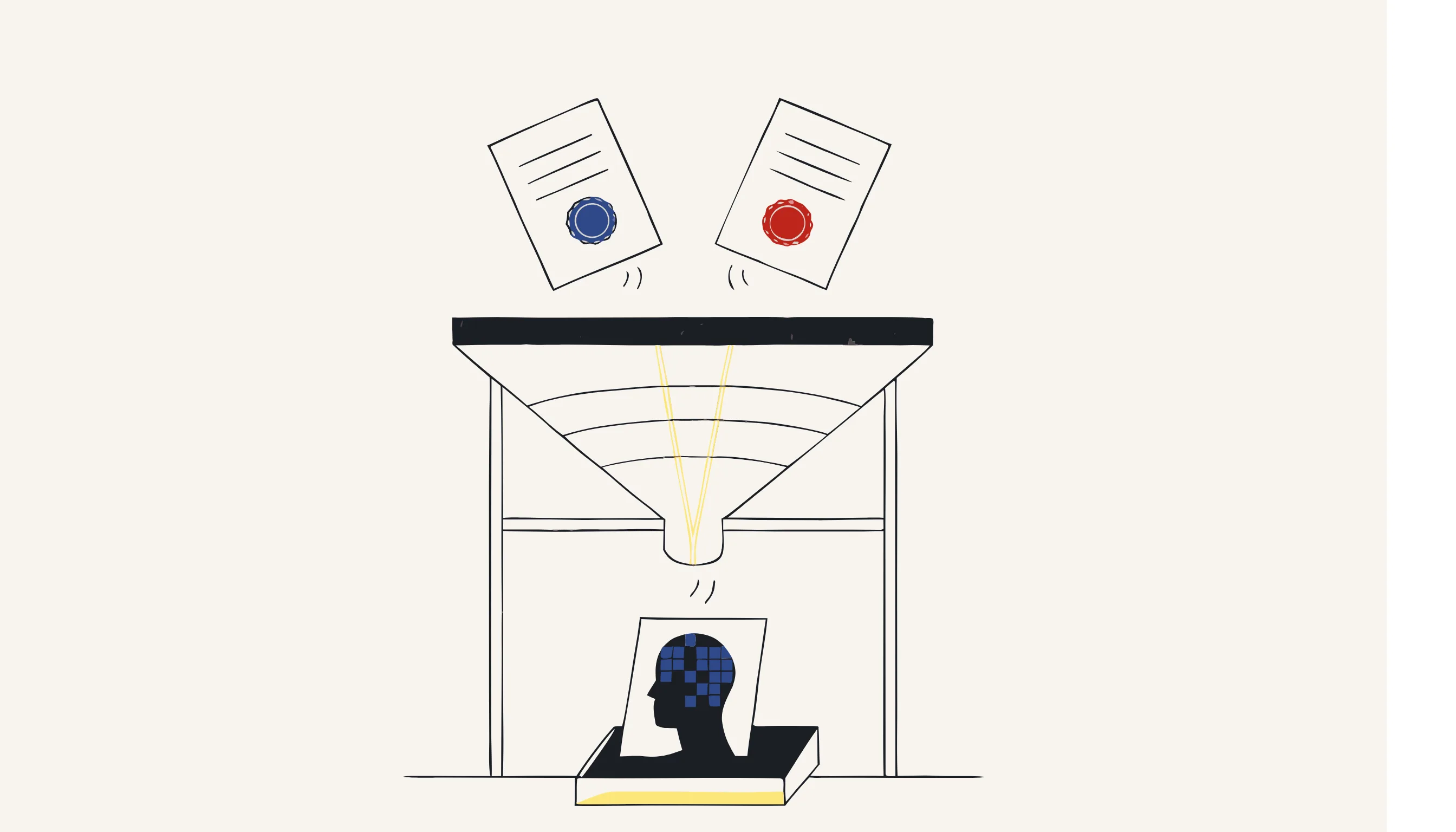 A funnel taking two sealed documents and releasing one photo with its face mosaicked