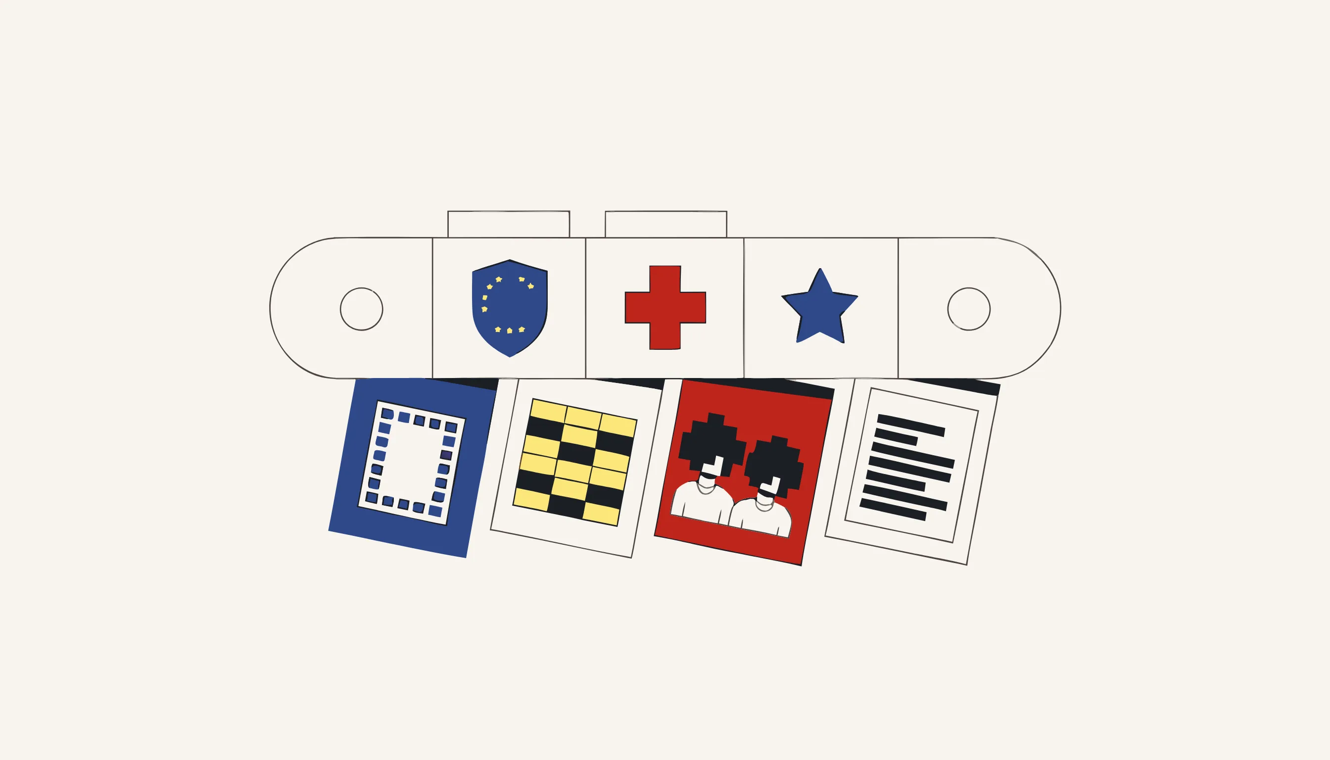 A ring binder stamped with an EU shield, medical cross and star, above media-type tabs