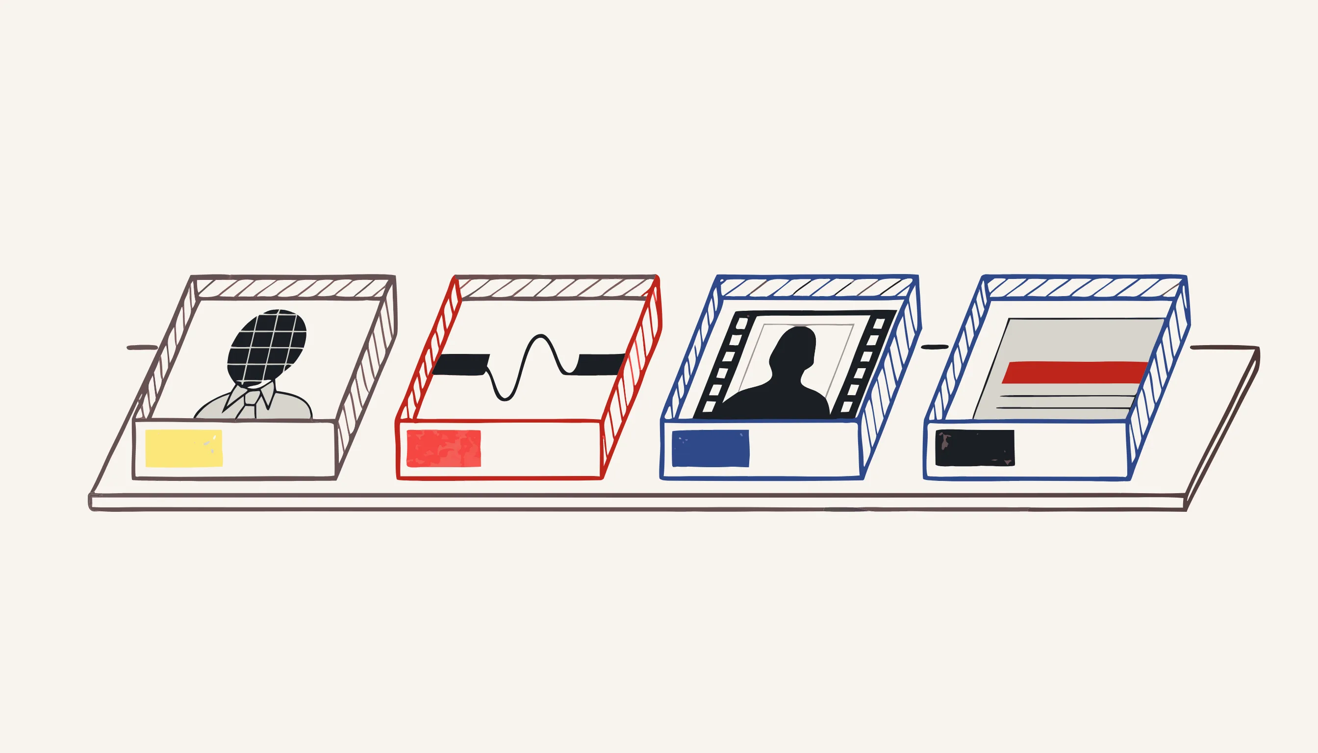 Four trays holding a mosaicked photo, a blocked waveform, a boxed frame and a redacted document