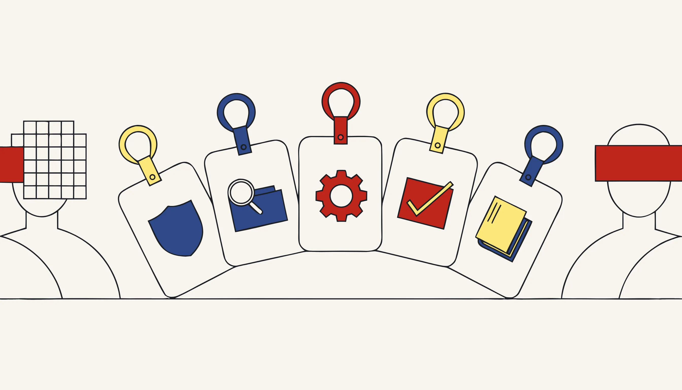 Five office ID badges fanned like cards, each with a different icon instead of a photo
