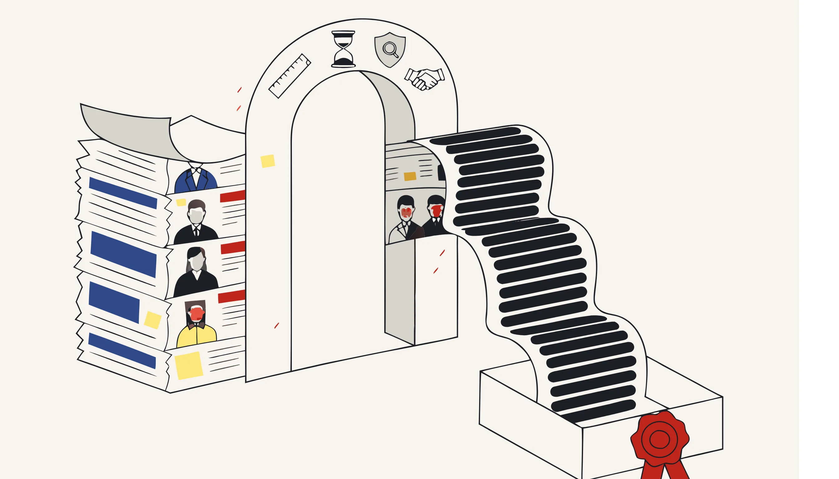 Documents passing through an arch stamped with a ruler, hourglass, shield and handshake, exiting redacted