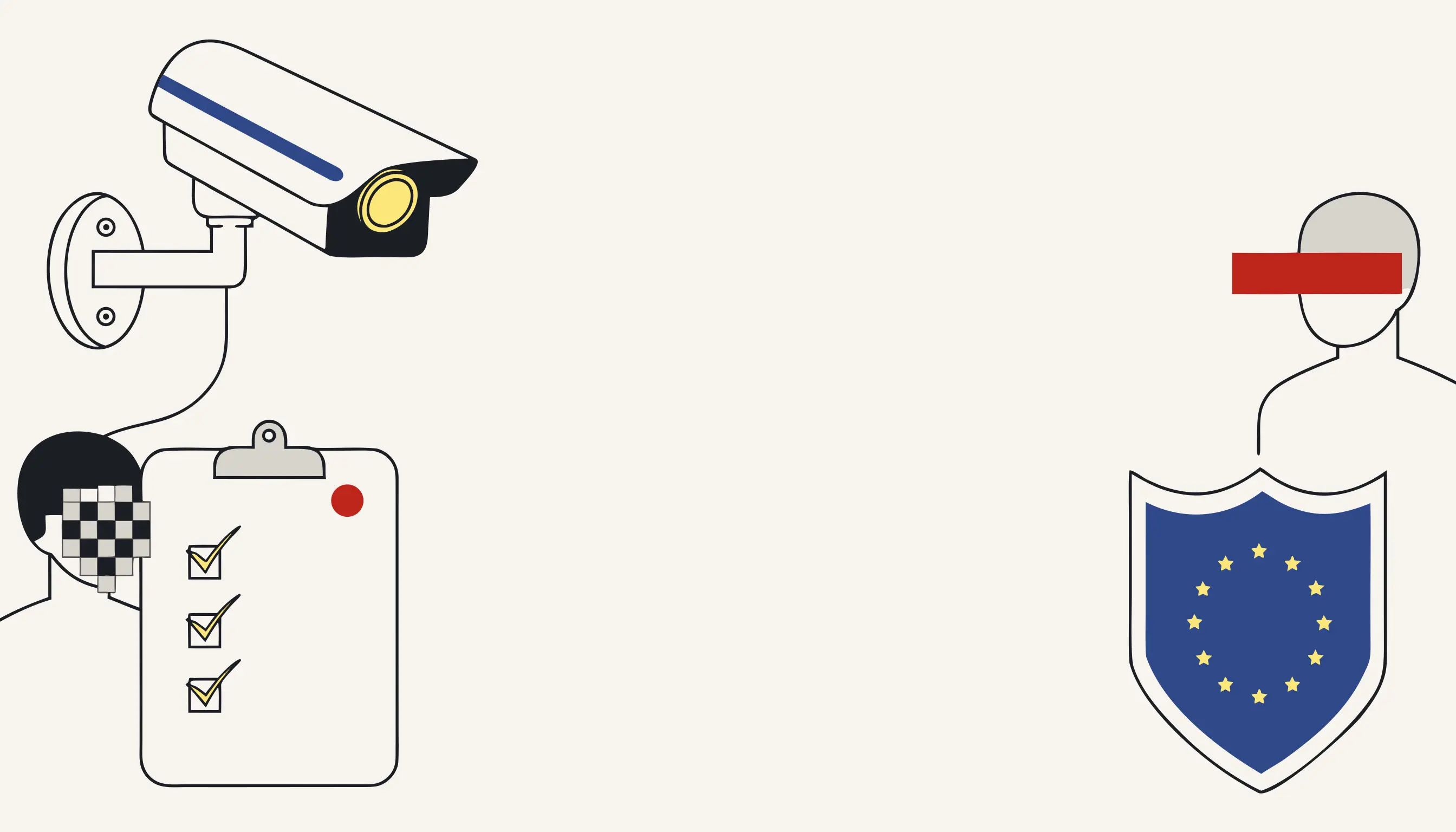 CCTV camera pointing at a checklist with ticked boxes beside a shield ringed by stars.