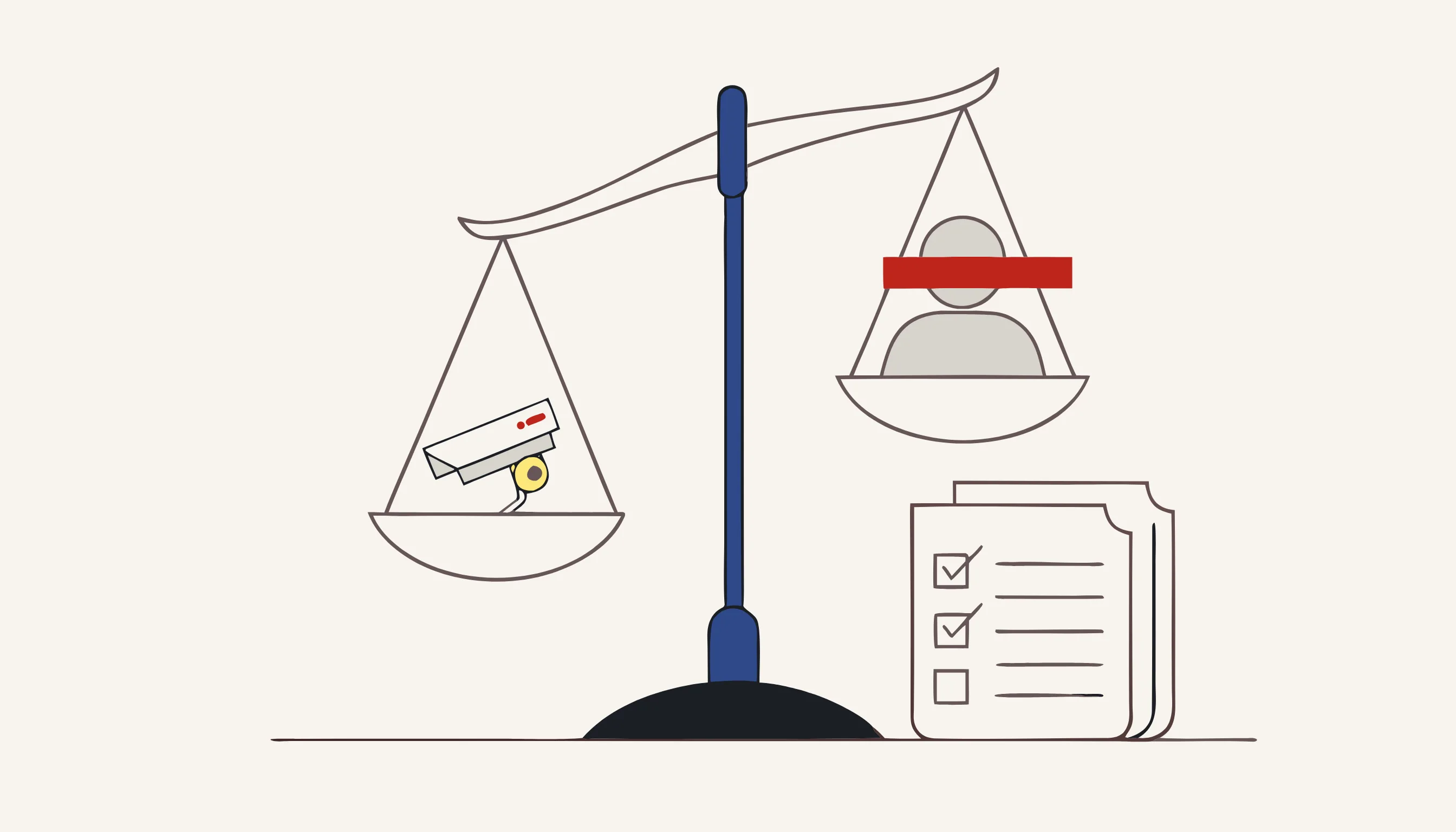 A balance scale holds a CCTV camera icon level with a person silhouette, beside a document with a checklist.