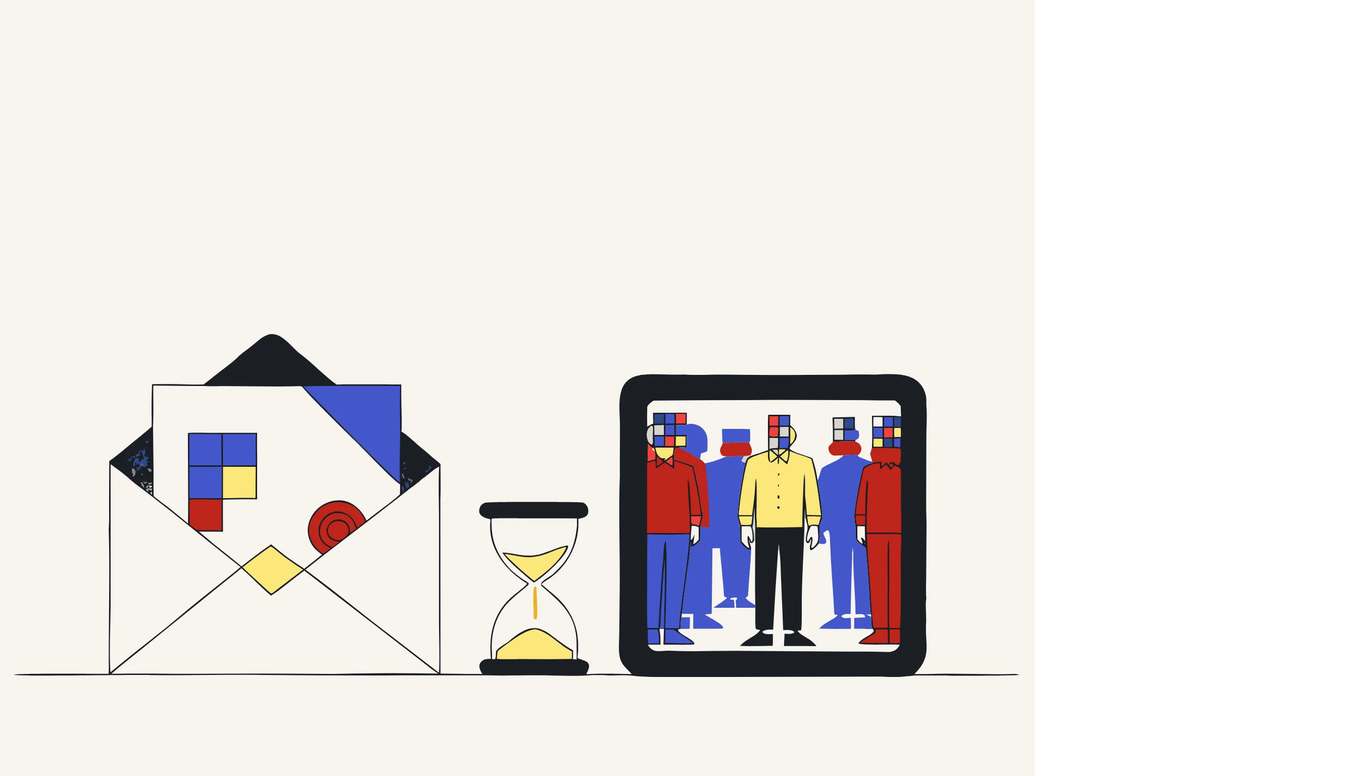 An envelope on a desk beside a video thumbnail where one figure stays sharp and others are pixelated, with an hourglass.