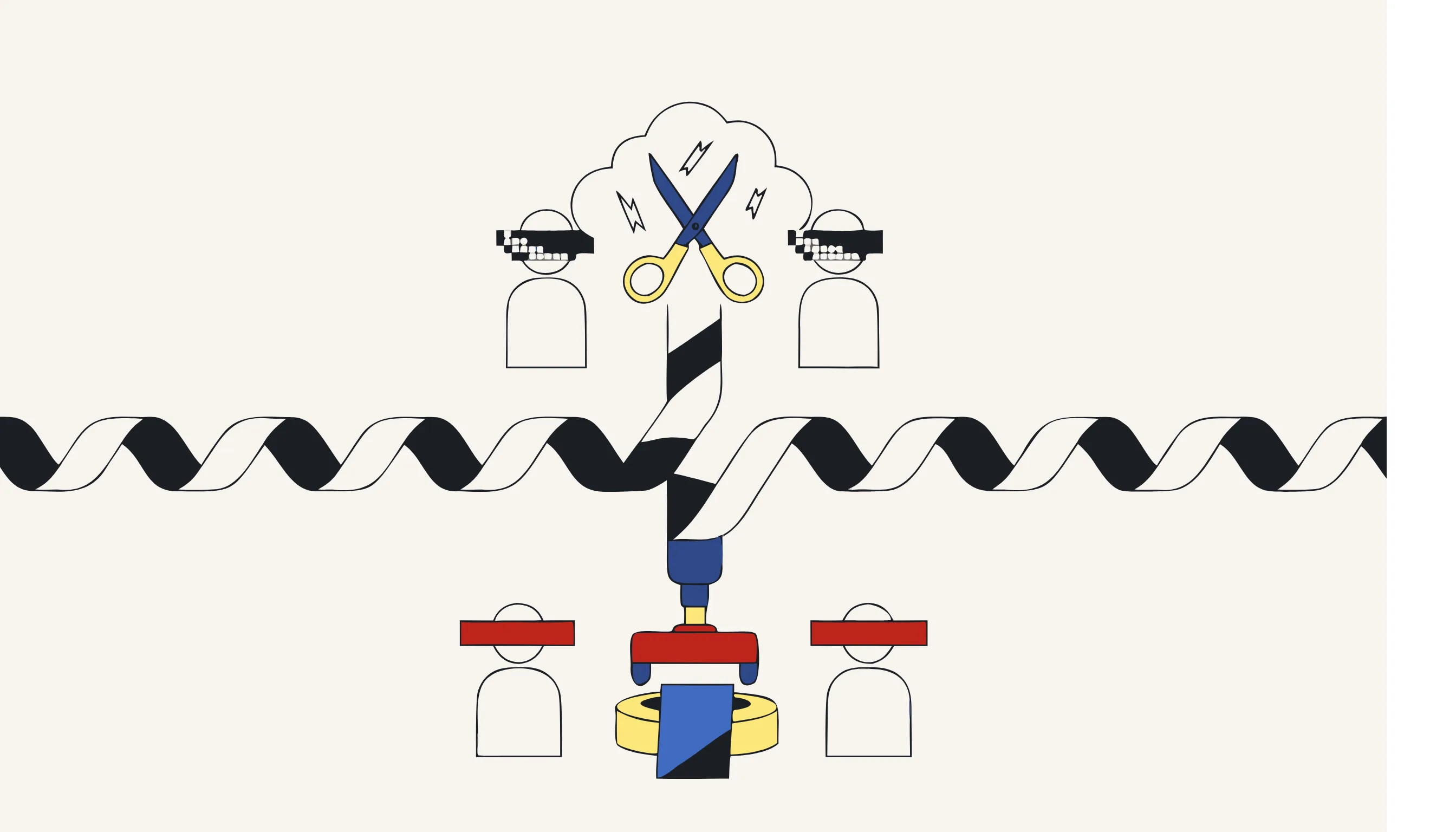 A waveform forking into a rough cloud-cut above and a precise mechanical cut below
