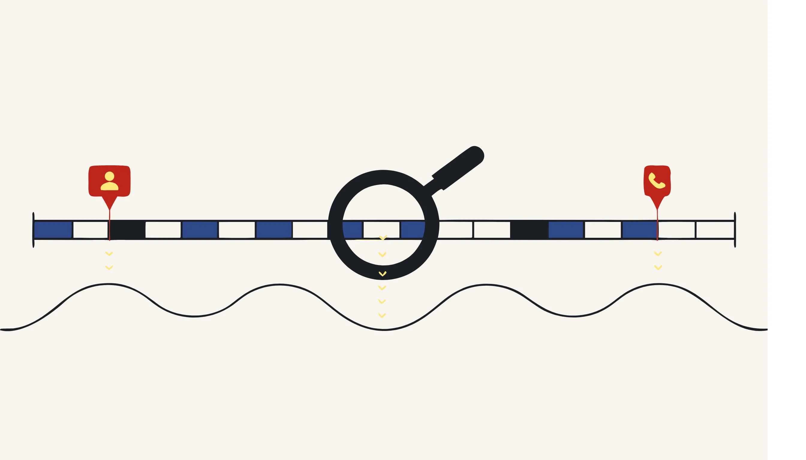 A transcript strip above a waveform with a lens hovering over tagged spots