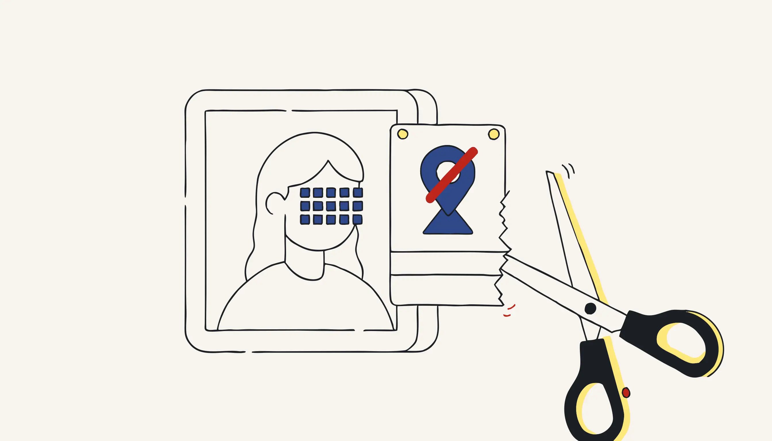 Photograph with a pixelated face and a metadata tag being cut away by a pair of scissors.