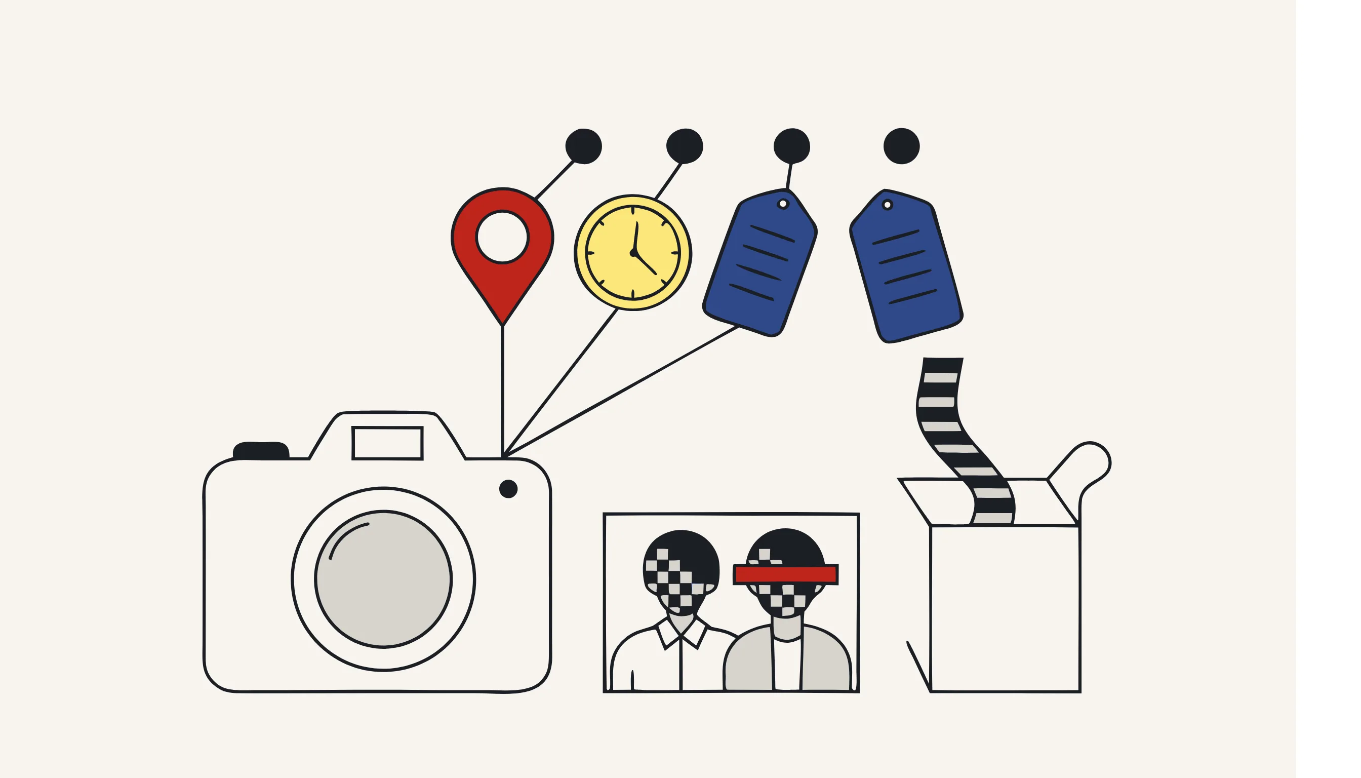 A camera icon has GPS, clock, and serial-number tags pulled out and dropped into a shredder, beside an untouched print.