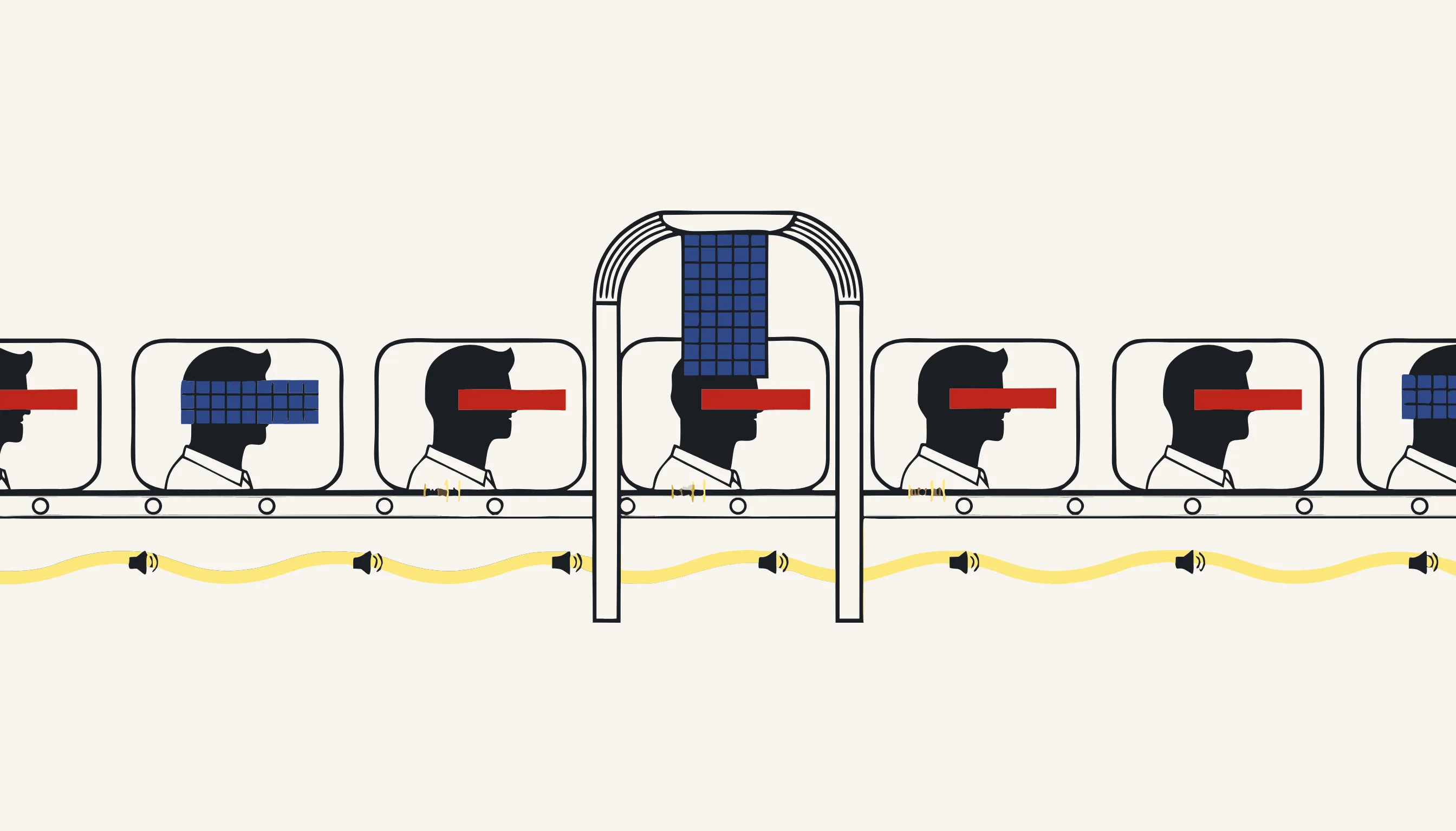 Video-frame thumbnails moving through a scanner arch that stamps mosaic blocks onto each face
