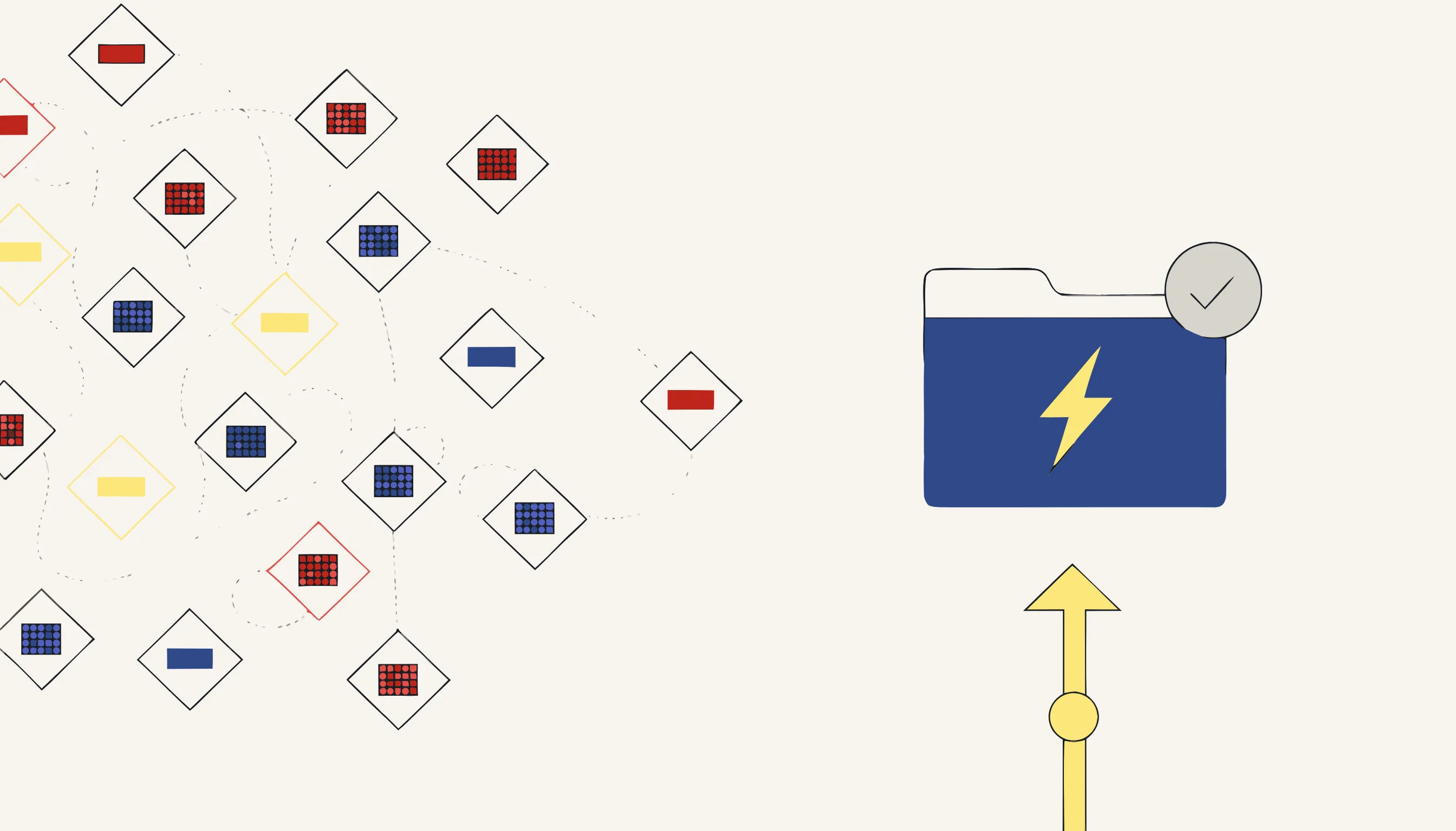 Split view: tangled keyframe markers on the left versus a single upload arrow into a lightning-bolt folder on the right.