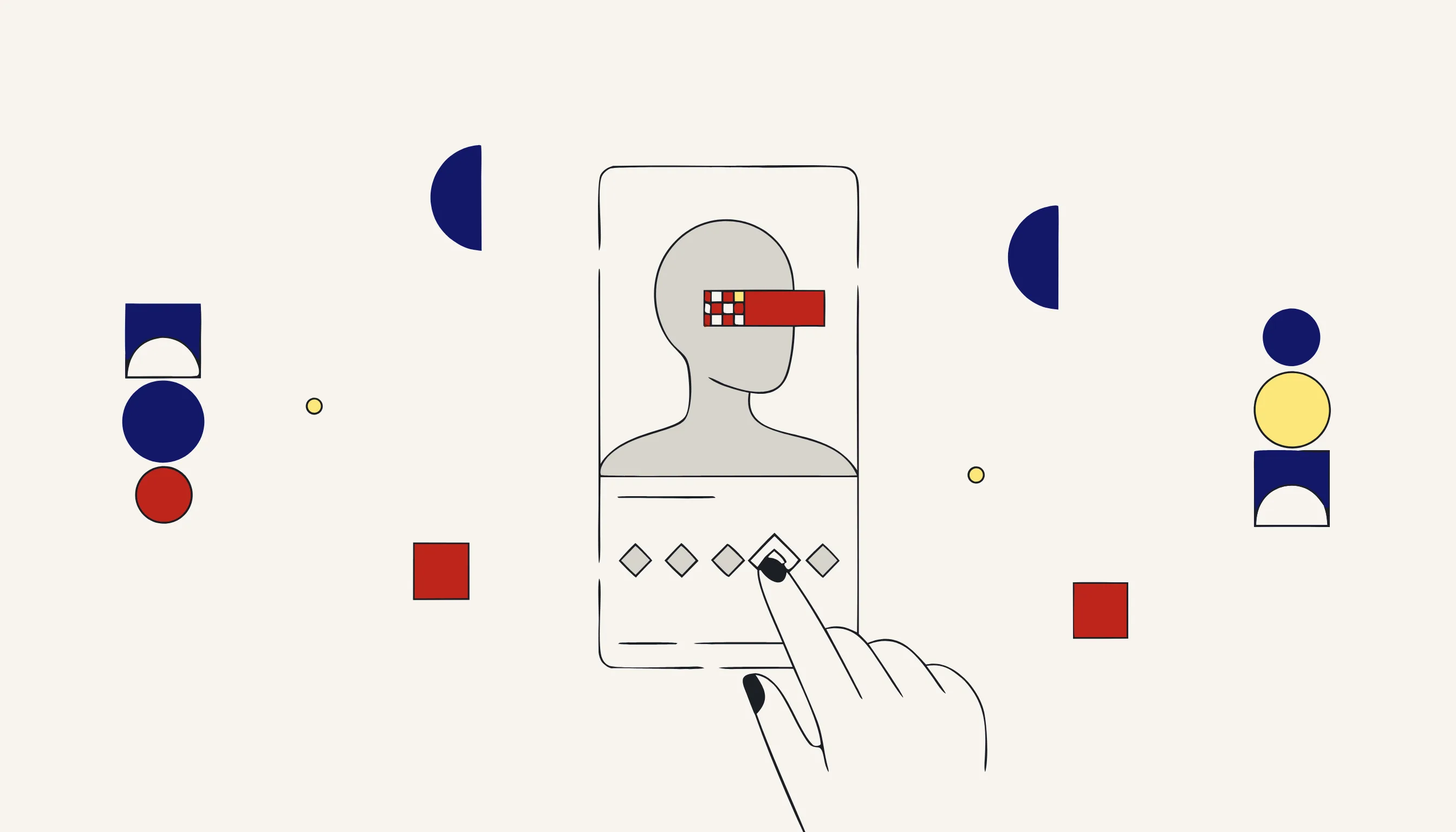 A mobile video editor timeline with diamond keyframes and a blur box misaligned over a face, tapped by a finger.