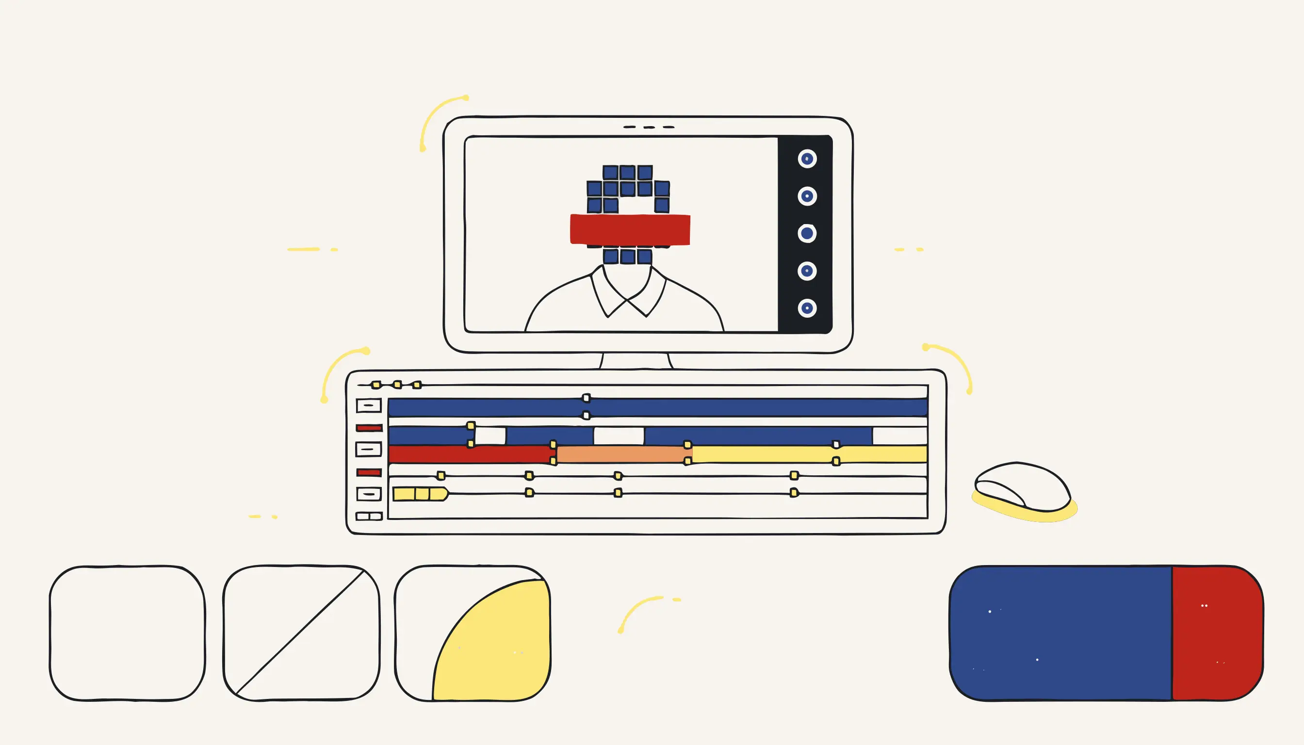 Desktop editing workstation with a pixelated face on screen, a multi-track timeline and color scopes.