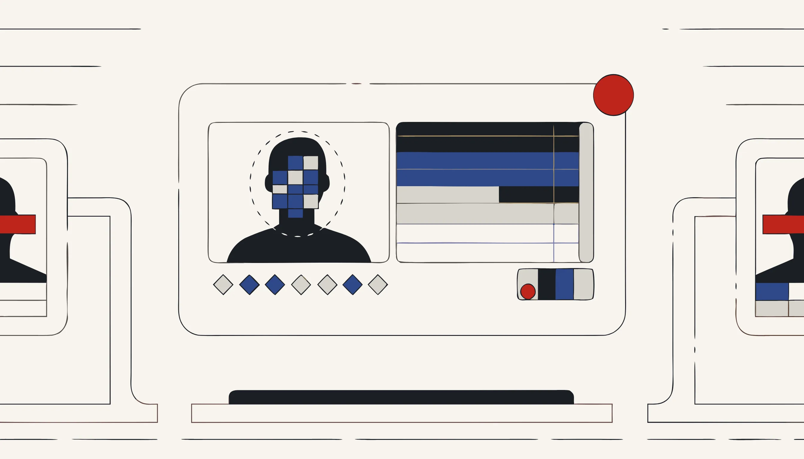 A desktop editing timeline with a circular shape mask over a face, keyframe diamonds, and a color scopes panel.