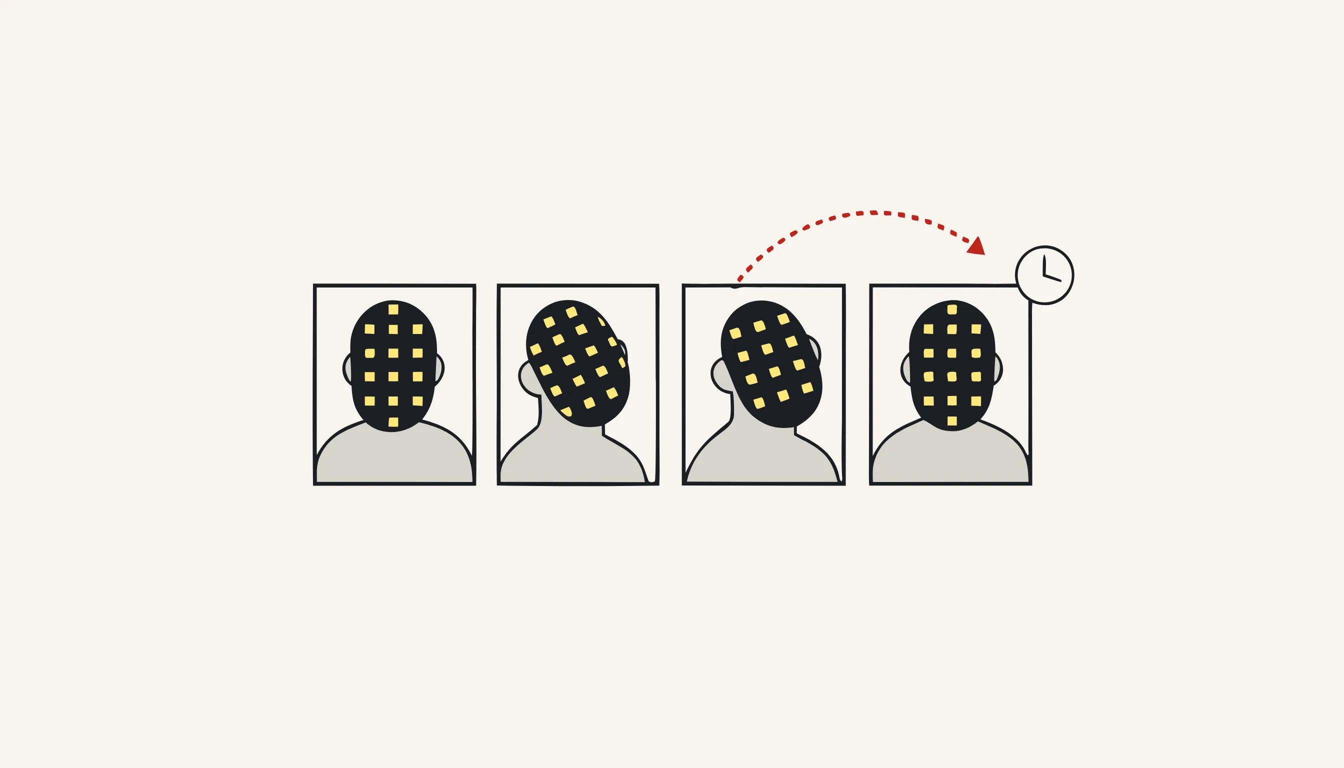 A sequence where a mosaic mask slides off a face before an arrow corrects it