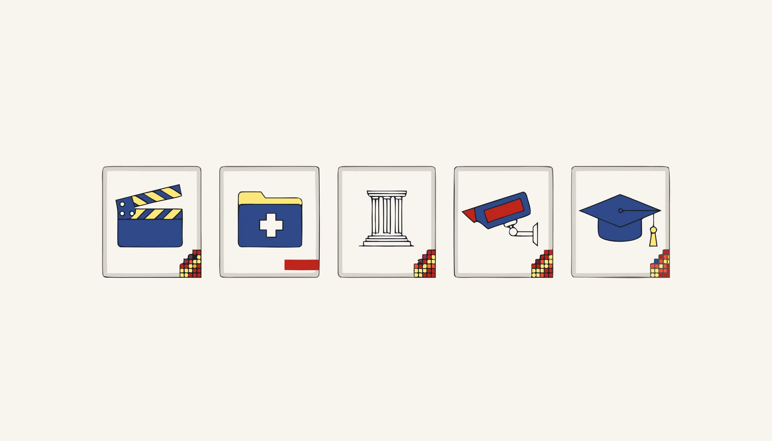 A grid of five icon tiles: clapperboard, medical folder, courthouse, CCTV camera and graduation cap