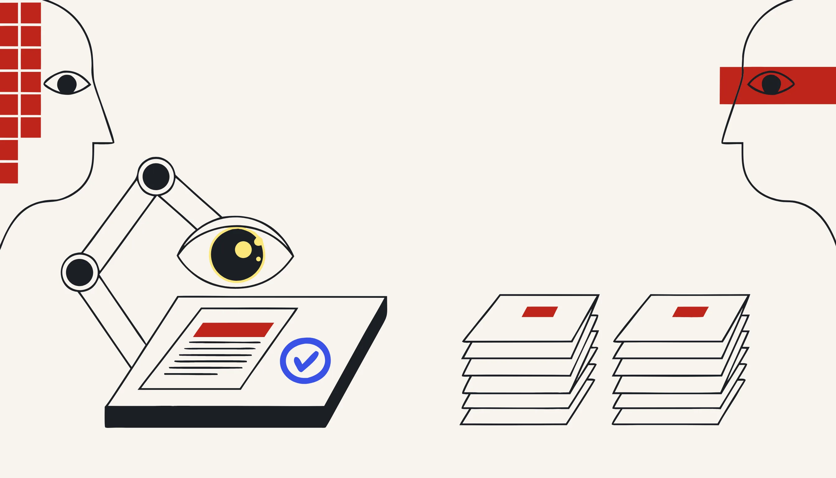 A robotic-eye loupe inspecting a redacted document beside two matching stamped folder stacks