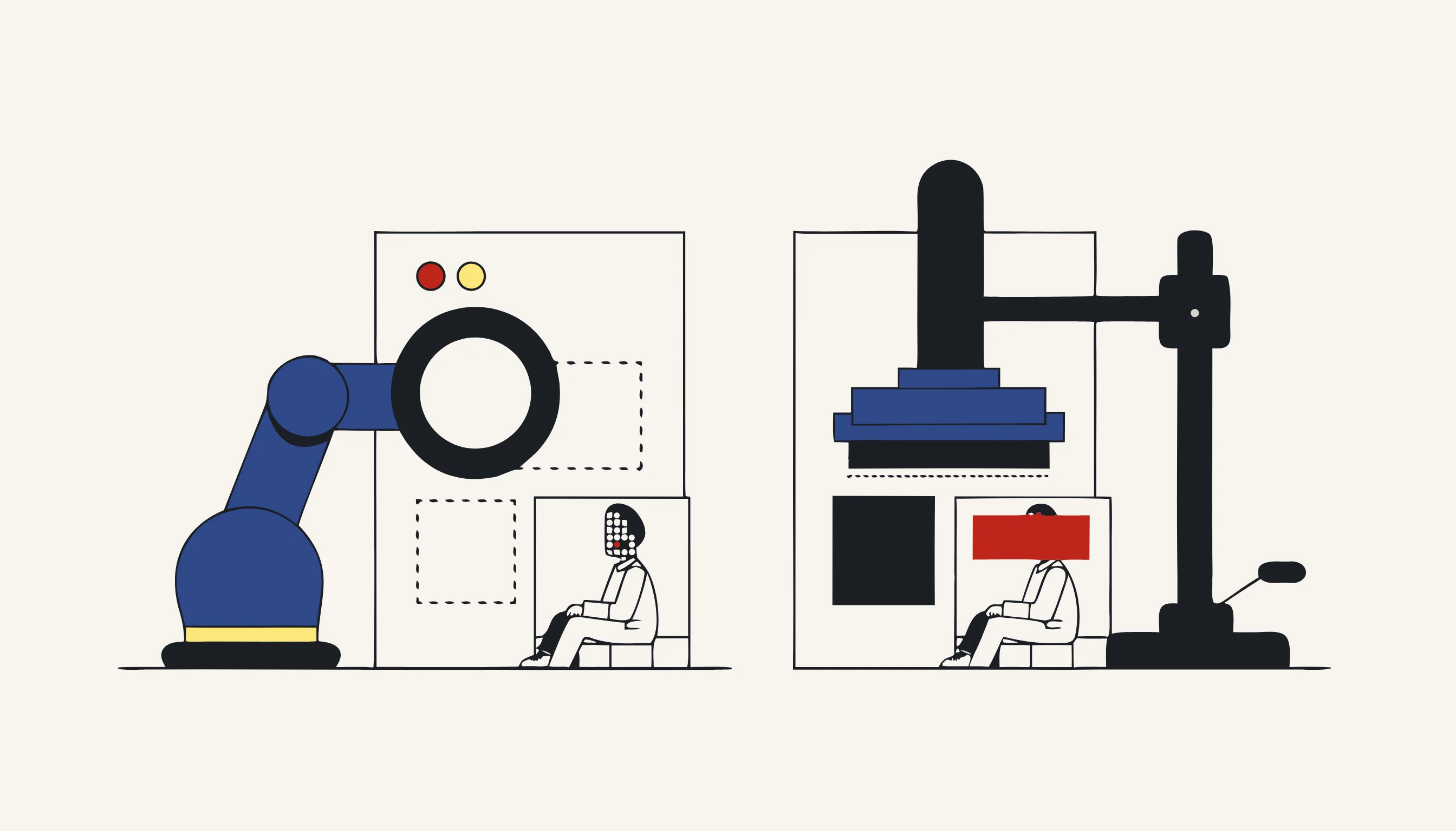 A two-station assembly line marking dotted boxes, then stamping them into solid black