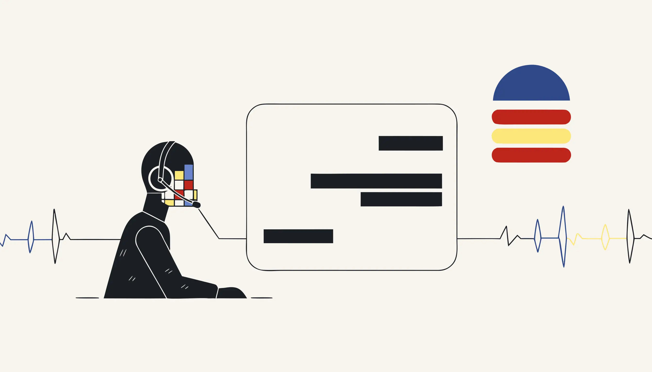 Call center agent silhouette with a headset facing a screen of redacted transcript lines and a waveform.