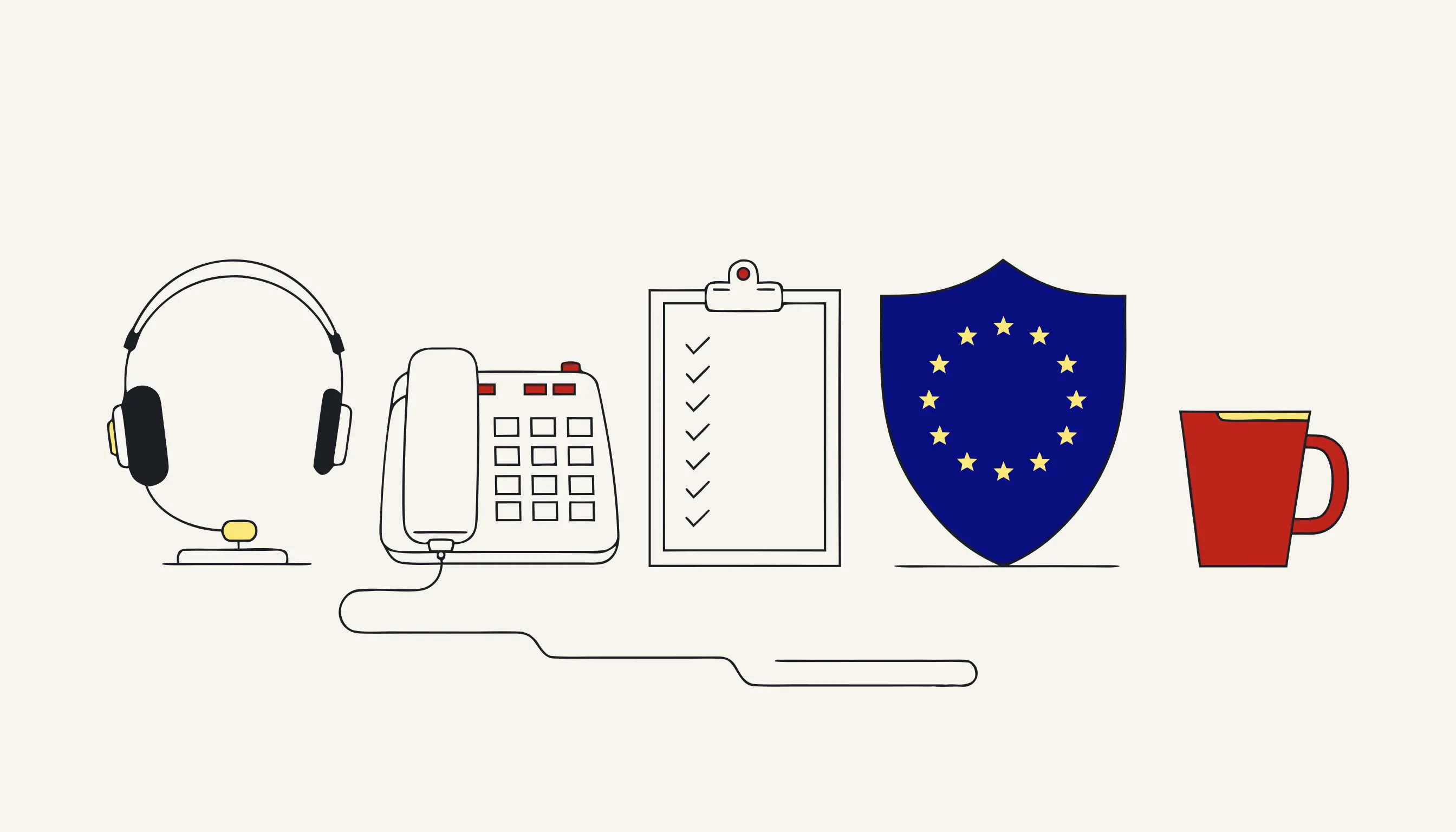 Call-center desk with headset, phone, a compliance checklist and a starred shield.