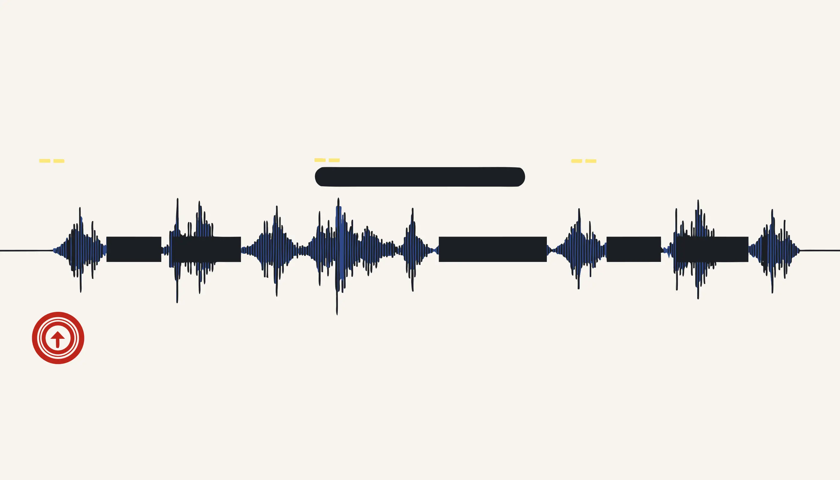Close-up of a blue waveform with black redaction blocks and a red stamp.